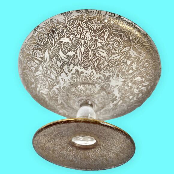 Vintage Ornate Gold Filigree Footed Dish with Crystal Stem on Gold Filigree Base - Picture 4 of 11